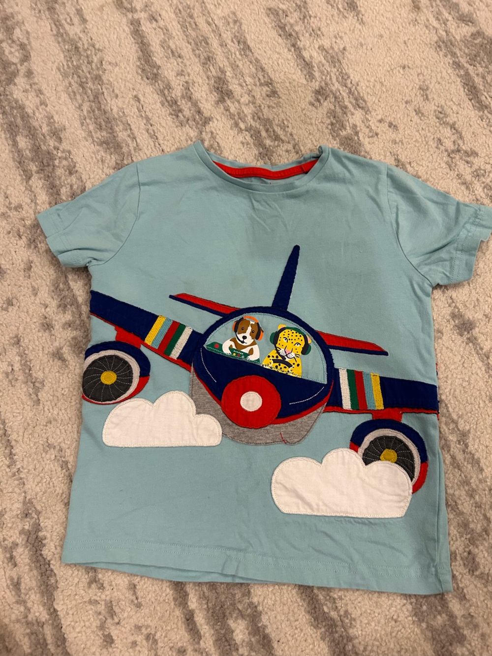 Mini Boden Light Blue Airplane Appliqué Tee with Colorful Details